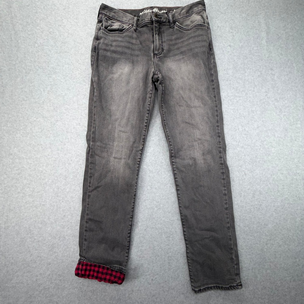 Eddie Bauer Boyfriend Flannel Lined Jeans Gray Faded Black Plaid Womens Size 6‎